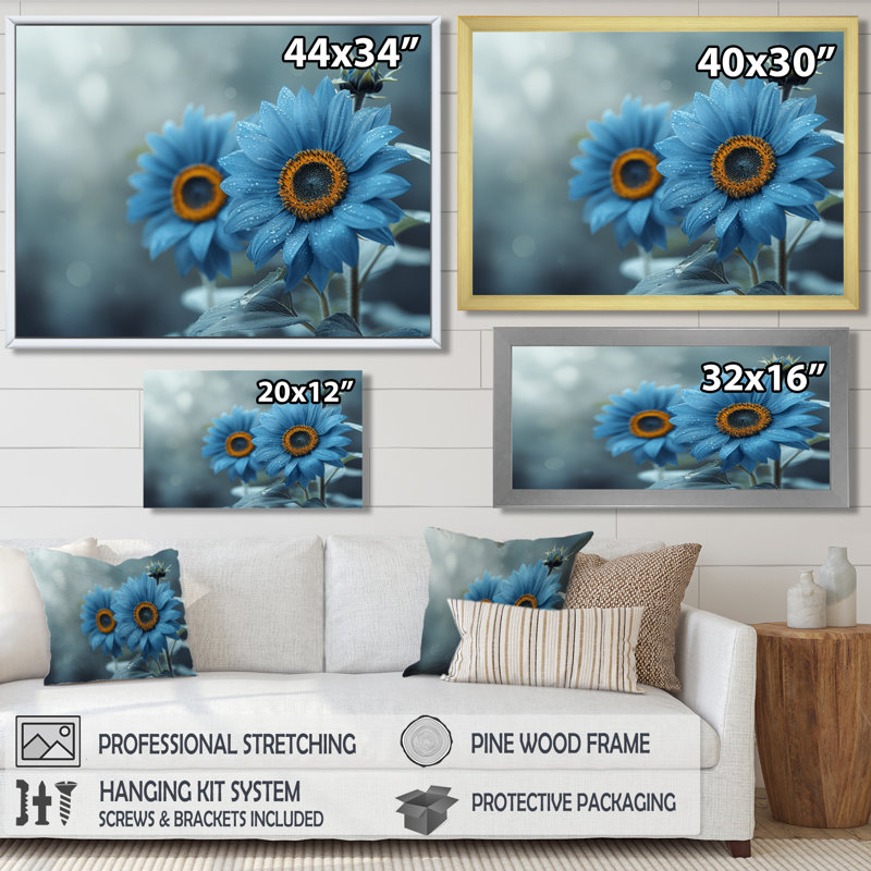 Nirvana monochromes bleus tournesols II - tournesols, art mural, Toile tendue, H 34 po x l 44 po x P 1,5 po