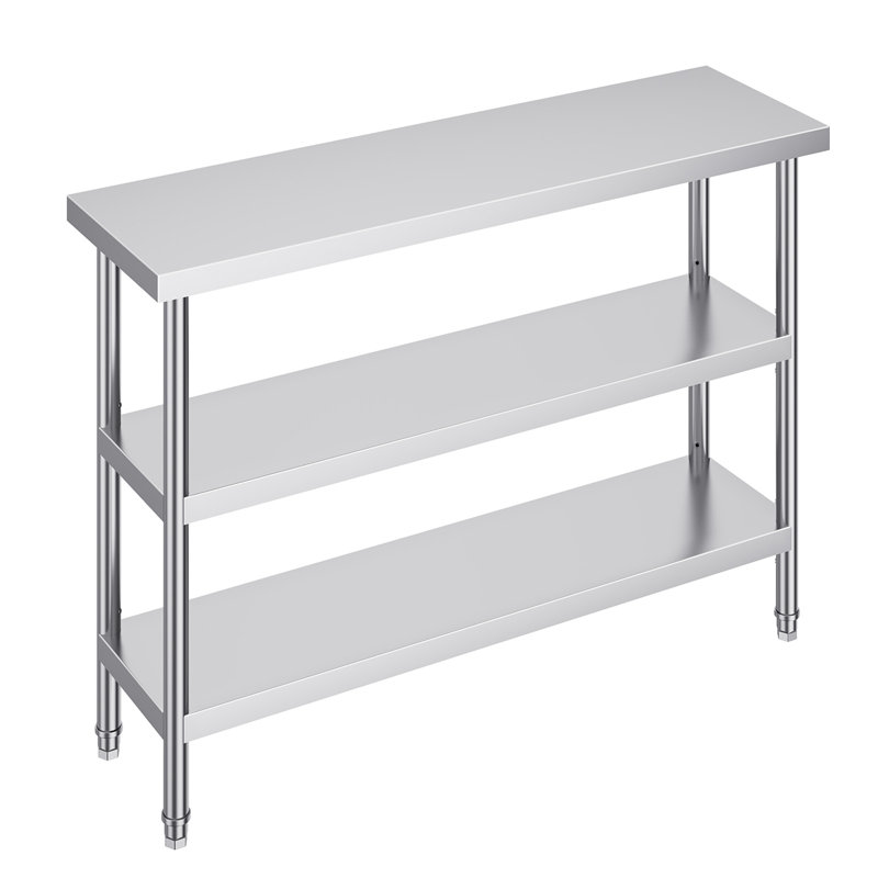Table de préparation des aliments en acier inoxydable, table de travail de cuisine commerciale de 14 x 48 x 34 pouces, avec 2 tablettes réglables, table de préparation en métal robuste pour barbecue, cuisine, maison et garage
