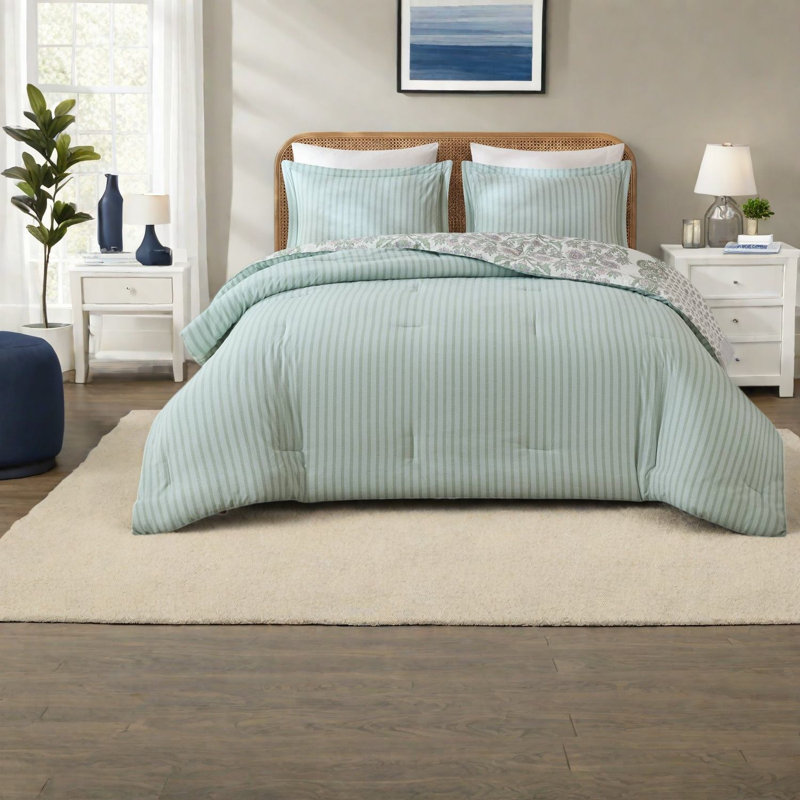 -Piece King Comforter Bedding Sets, Sage Floral Cotton Blend, All-Season