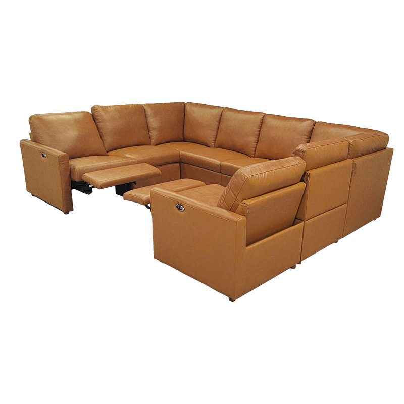 Premium Genuine Leather Match Power Reclining Sectional With Adjustable Footrests & Modern U-shaped Layout, Light Brown