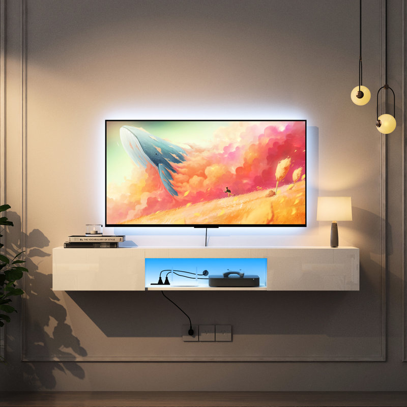Meuble télé blanc flottant avec 16 couleurs et fabrication pour 55 60 téléviseurs de 65 pouces, 16 po, blanc, espace de rangement