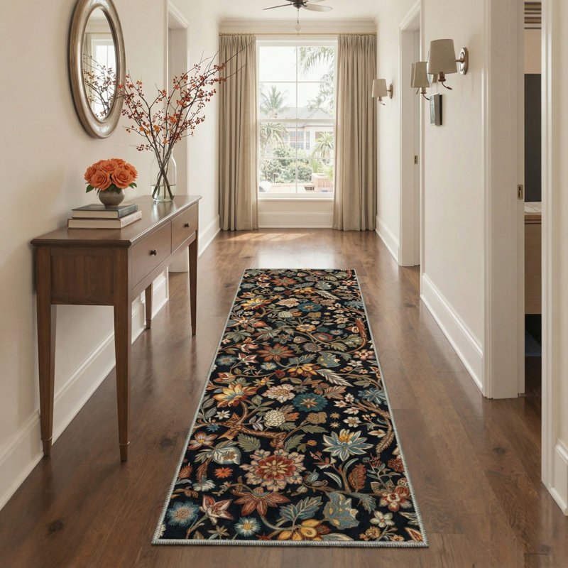 Aazad Floral Machine Washable Black / Green Indoor Area Rug with Non-Slip Backing, Round 5'