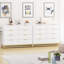 8 Drawer Double Dresser for Bedroom, Wooden Chest of Dressers, Modern Wooden Dresser Chest with Golden Handles, Beside Table, White