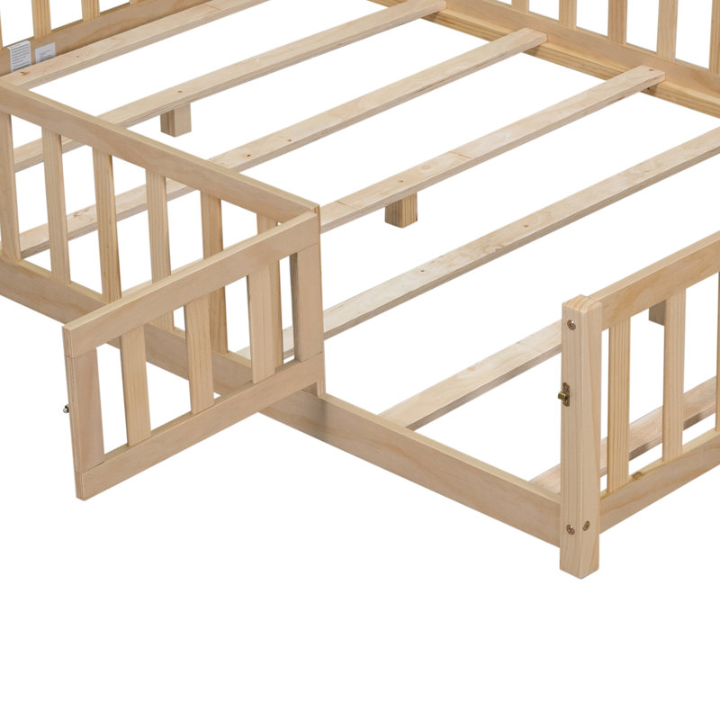 Full Size Floor Platform Bed with Fence and Door for Kids Montessori Bed, Natural