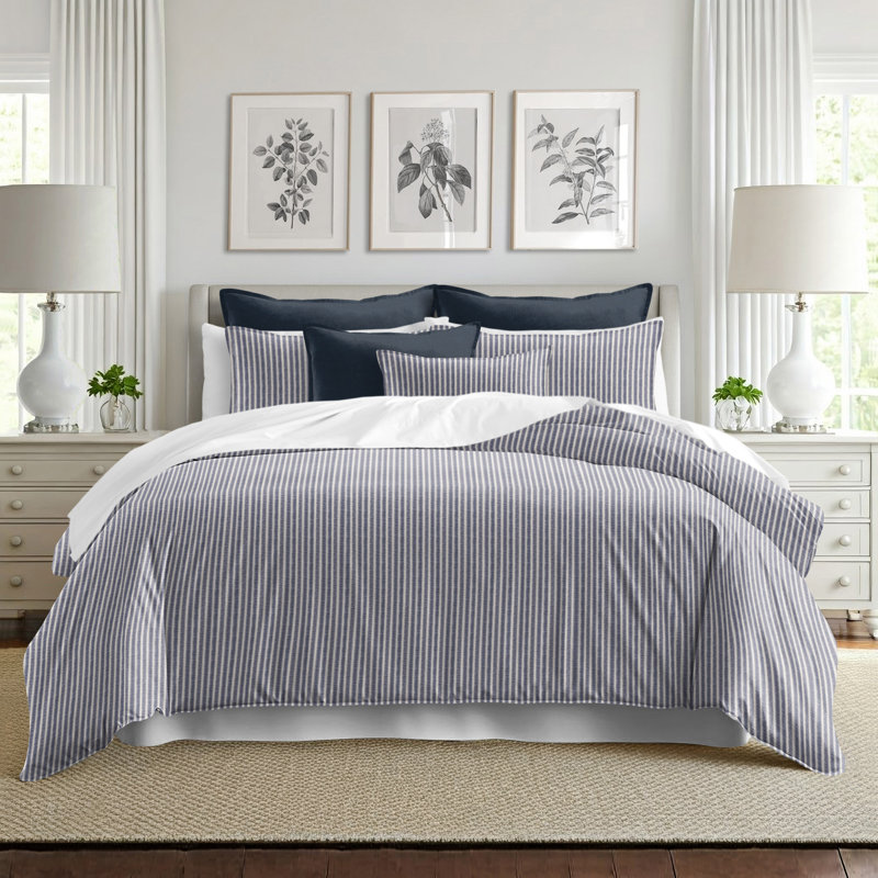 Walker Ticking Stripe Indigo/Ivory Cotton Duvet Cover Set, Full Duvet Cover + 2 Standard Shams