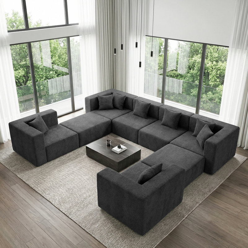 Modern Boneless Cloud 8-Seat Modular Sectional Sofa with 8 Pillows, No Assembly Required, Dark Gray Boucle