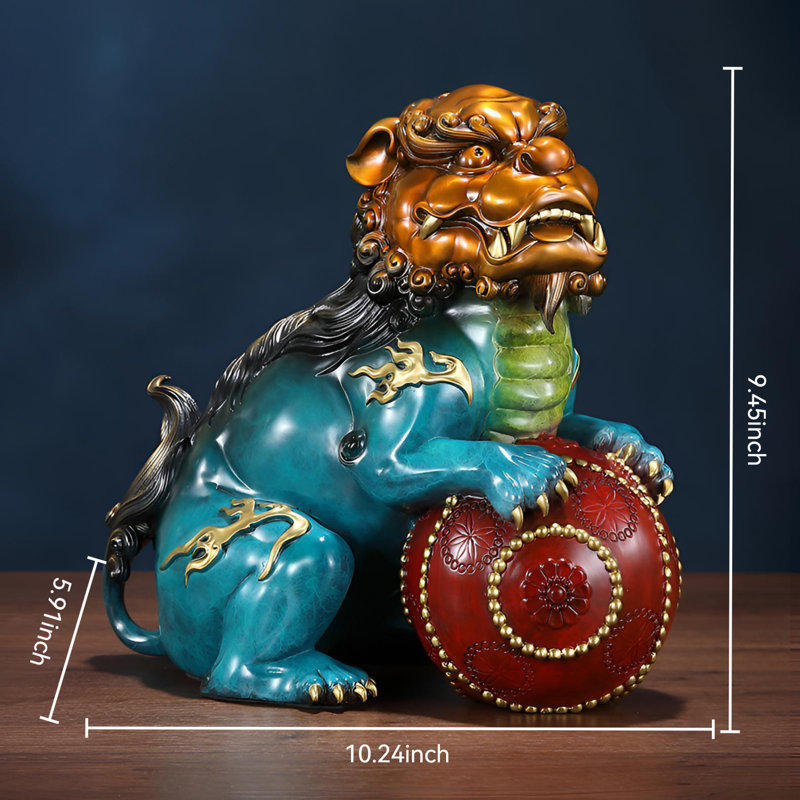 Statue de lion Golden Prosperity - Pièce d'art en laiton de qualité supérieure, H 9,45 po x l 10,24 po x P 5,91 po