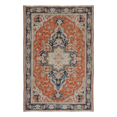 Antique Afghani Heriz Medallion Rug In Orange And Blue Tones - Rug & Kilim