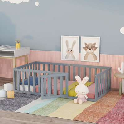 Full Size Wood Daybed Frame with Fence, Gray（No Slat）