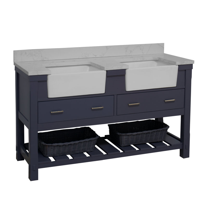 Ensemble de meuble-lavabo double 60 po Hitton, Marbre de Carrare, Gris marine