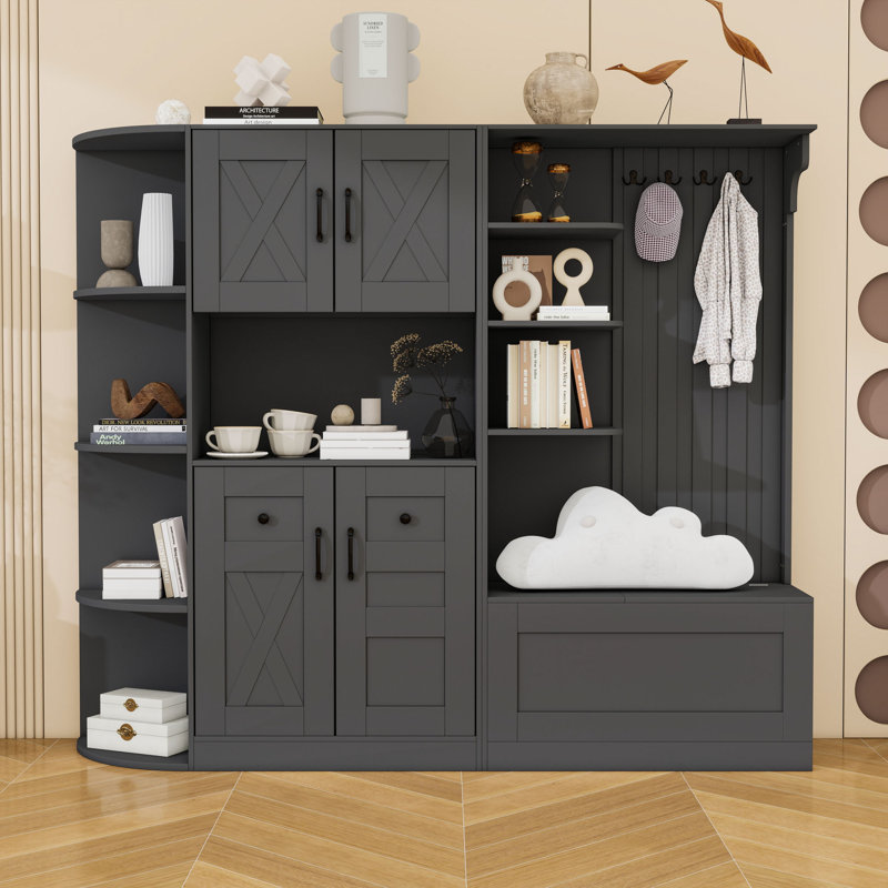 Armoire d'entrée avec tablettes et 4 crochets, Noir