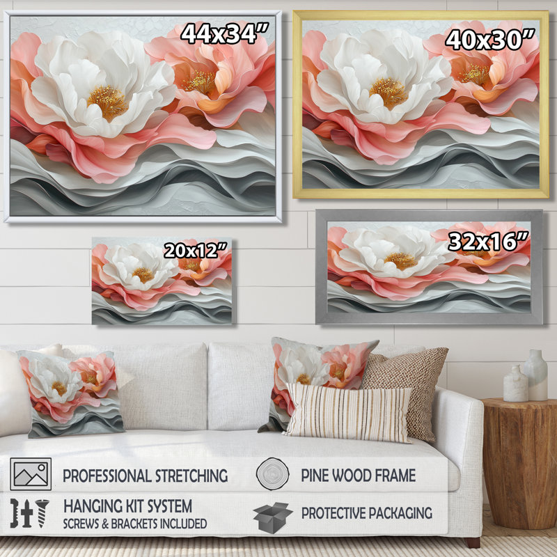 Blanc et corail, pivoines élégantes I - pivoines, art mural, H 30 po x l 40 po, Noir, noir, noir, noir