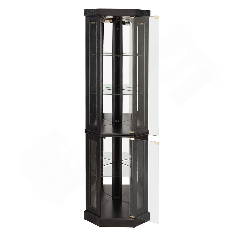 Lighted Corner Curio Cabinet - Display Case For Living Room, Antique Collectibles, Wine & Bar Glass Storage - Elegant Corner Design With Lights Included-BLACK