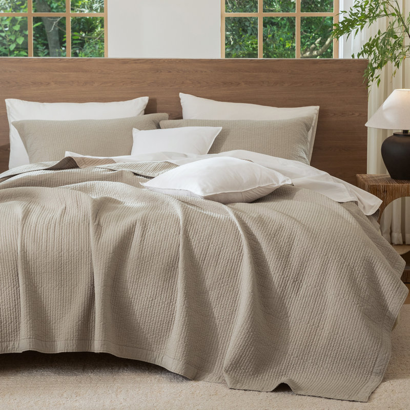 MooMee Lightweight Quilt Set 100% Washed Cotton Linen-Like Stripe Stitch Breathable All-season , Tannish Linen Gray