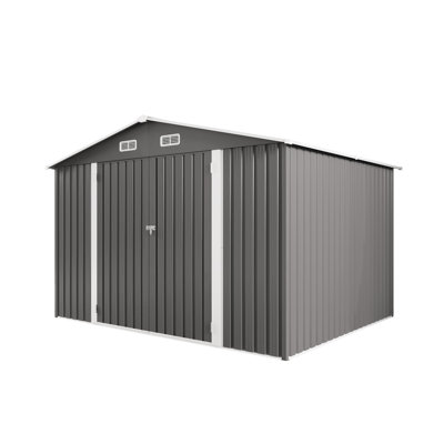 Outdoor Storage Shed 8 Ft In Gray, Made Of Metal With Lockable Double - Doors, Vent Windows, Ideal For Storing Generators, Bicycles, And Proof Gray Garden Tool Ft, Latch On Grills,
