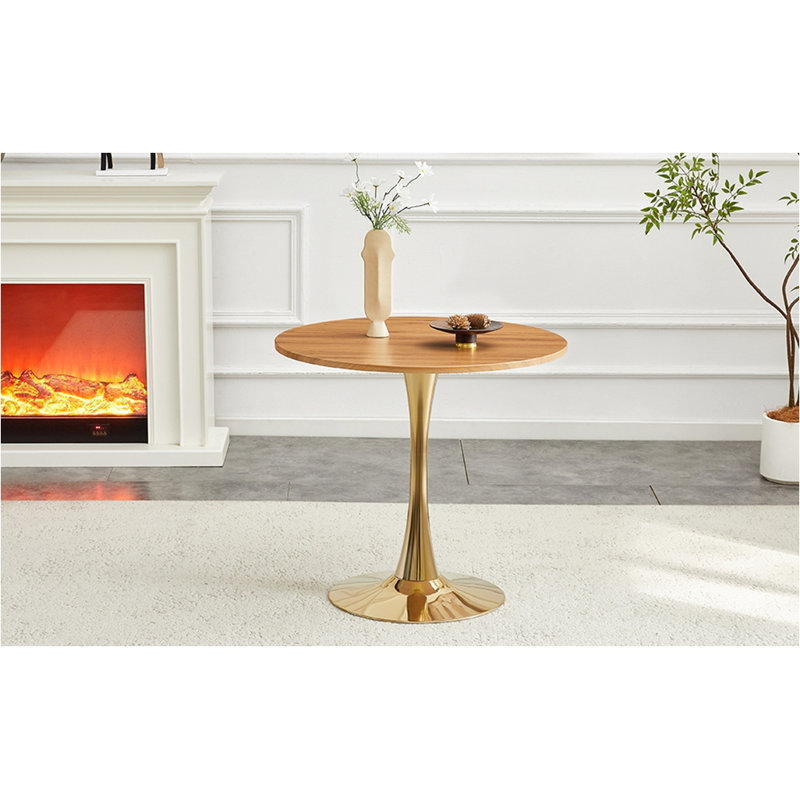 Table tulipe ronde 31,5 "avec plateau en panneau de fibres à densité moyenne et piédestal en métal - faux bois, Or / bois