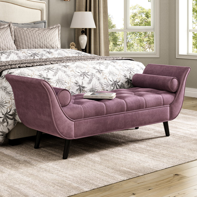 Purple Footstool With Rolled Arms, Button And 2 Cylindrical Pillows For Entryway Stylish Touch Bolster Decorative Centerpiece
