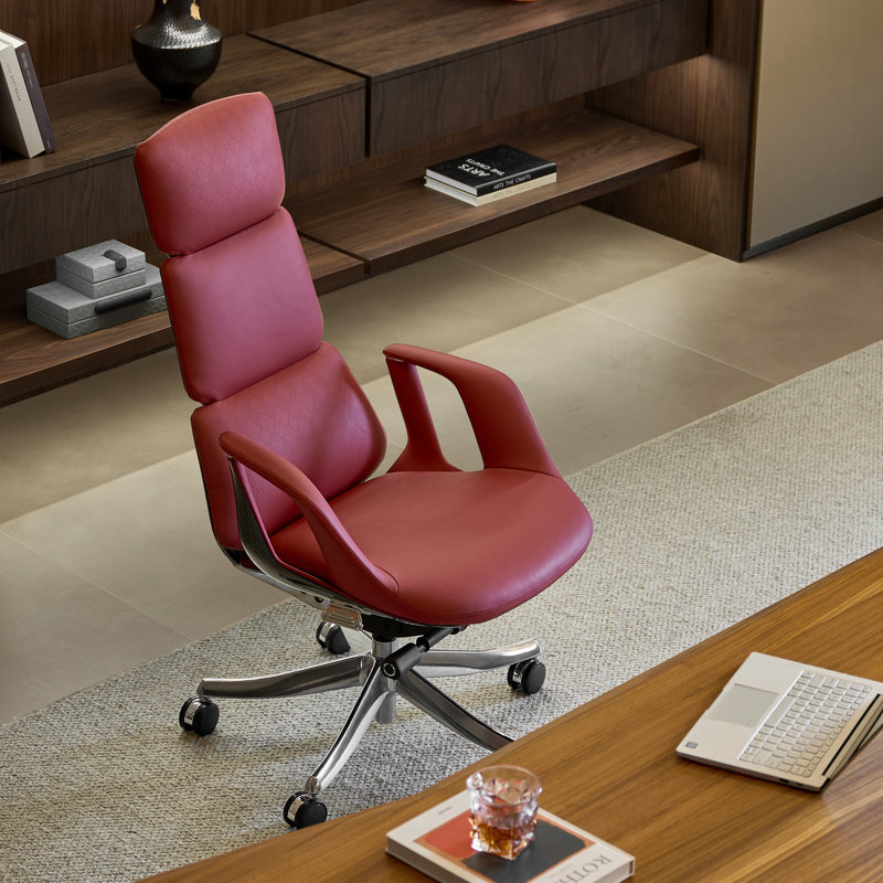 Genuine Leather Executive Office Chair Black - Luxury Modern Executive Desk Chair for Home and Office, Stylish Computer Chair, High Back with Headrest, Aluminum Base, Reclining and Comfy(Red)