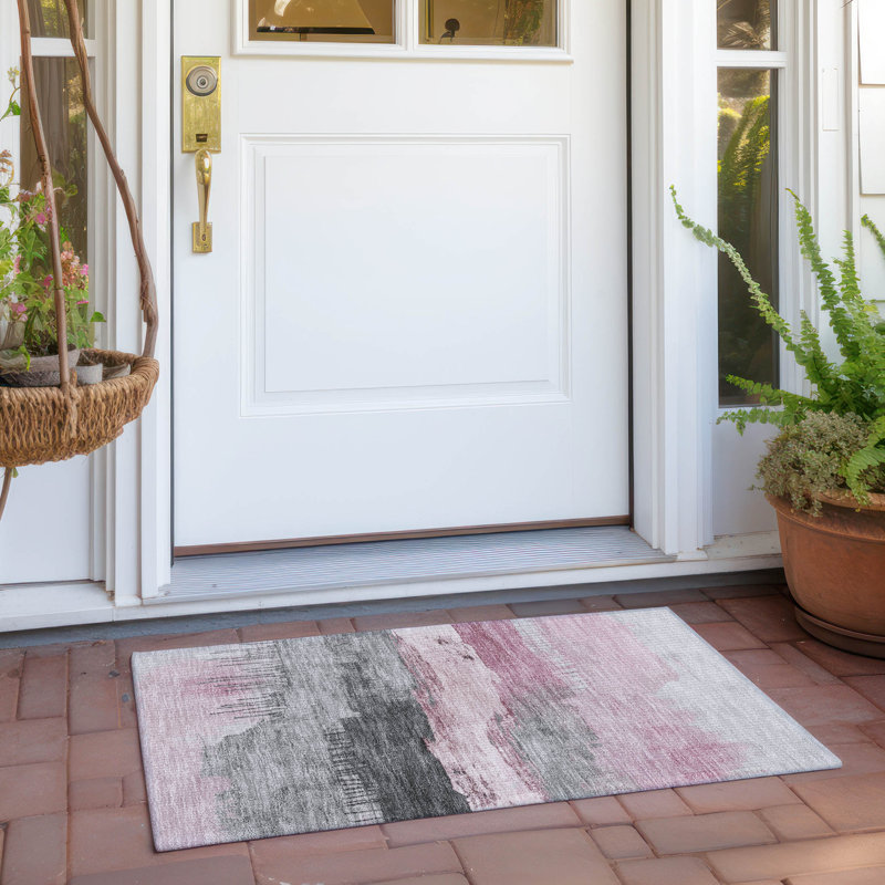 Tapis intérieur / extérieur rose lavable à la machine Xhevrie, Rectangle 1 pi 8 po x 2 pi 6 po