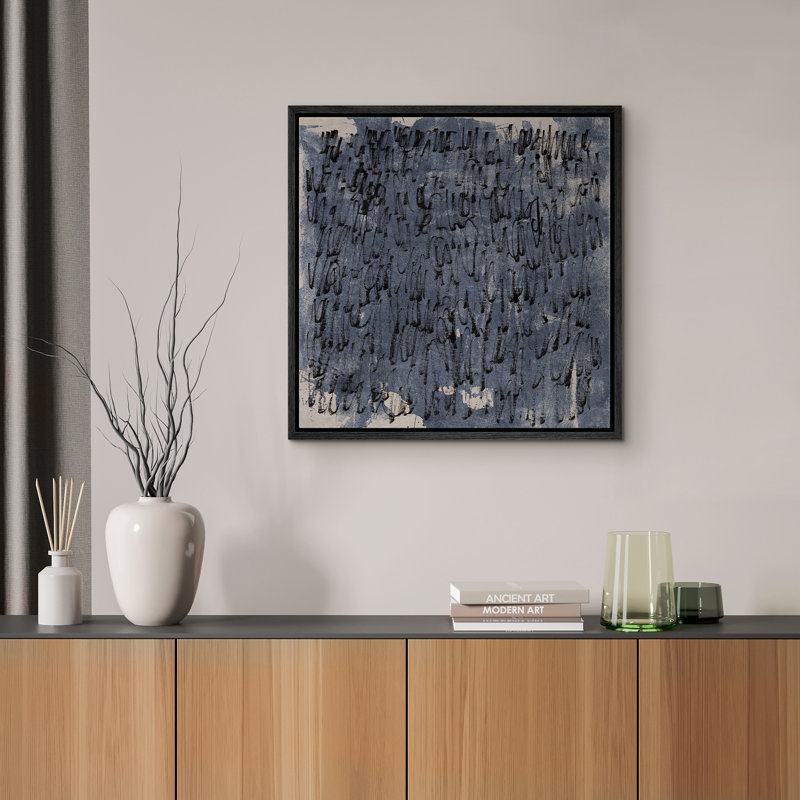 Abstract Black Paint Strokes Blue Background Framed Bedroom Wall Decorations Canvas Print, 24" H x 24" W, Black