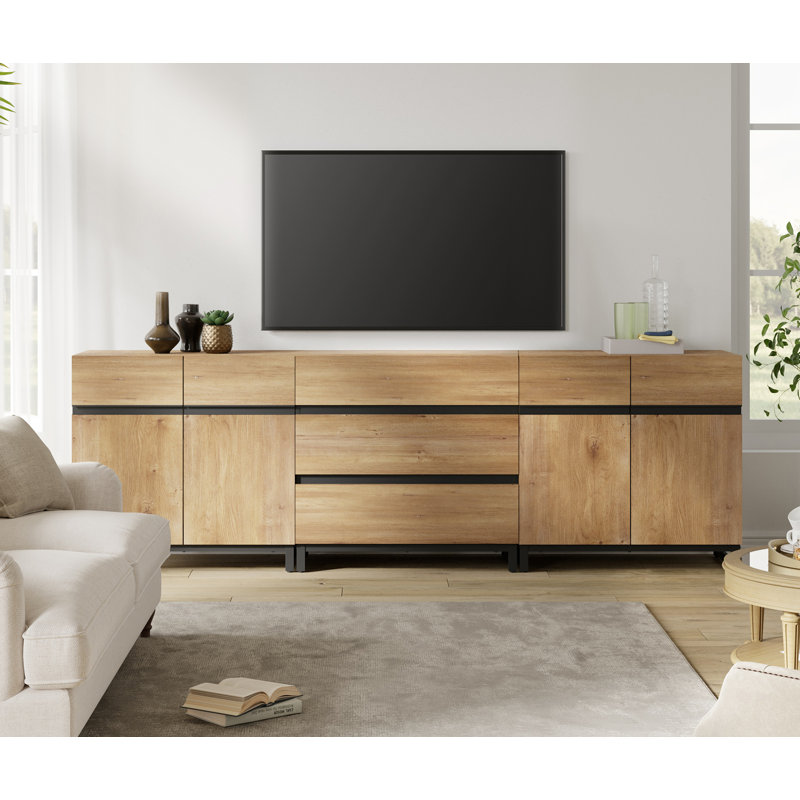 Modern TV Stand for TVs up to 100 inch, 3 in 1 TV Console with Adjustable Shelves and 3 Drawers, Media Console for Living Room,Bedroom, Oak