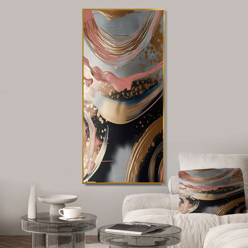 Art abstrait abstrait, encre liquide dorée II - formes abstraites, art mural, Cadre flottant doré, H 32 po x l 24 po x P 1 po