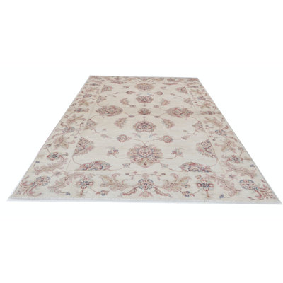 Tapis turc noué à la main 4 pi x 6 pi avec motif floral intégral, tapis beige pour chambre à coucher et entrée, 100% laine