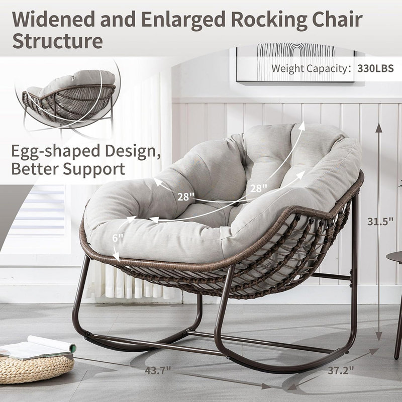 Chaises berçantes d'extérieur pour patio, très grande chaise berçante Papasan d'intérieur avec coussin rembourré