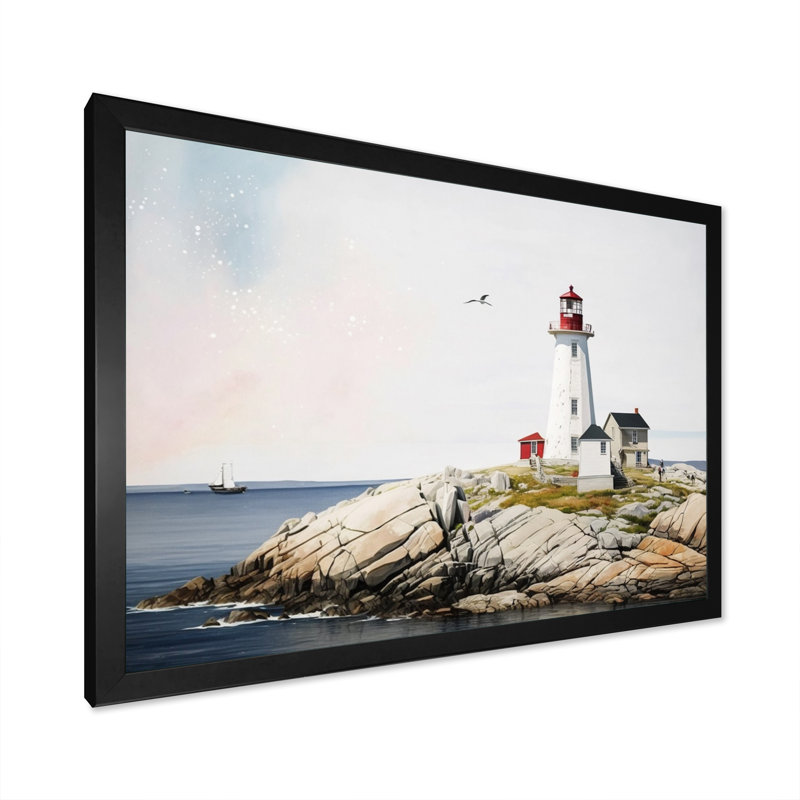 Phare par l'océan I - reproduction sur toile, Cadre simple noir, H 24 po x l 32 po x P 1 po