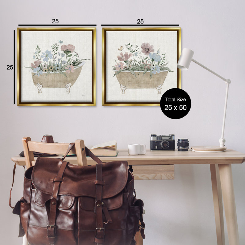Rustic Florals in Bathtubs 2pc Floating Frame Set, design by Tava Studios, 25" H x 25" W, Metallic Gold Floater Frame
