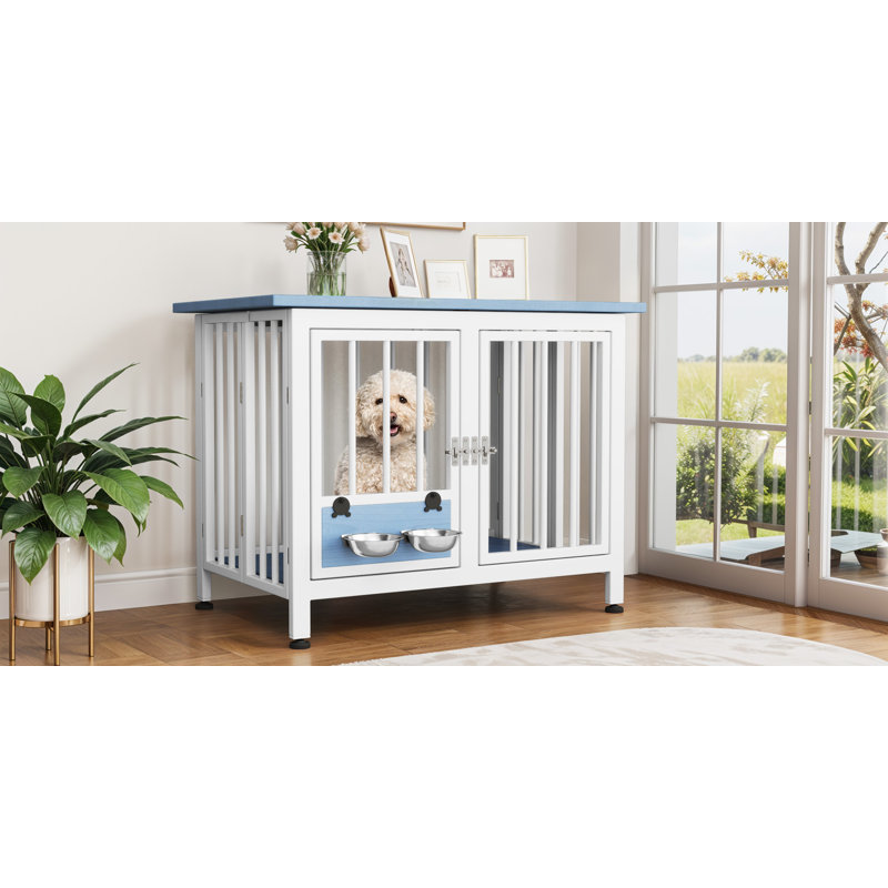 Foldable Pet Crate End Table, 29.1" H x 39.3" W x 23.6" D, White/Blue