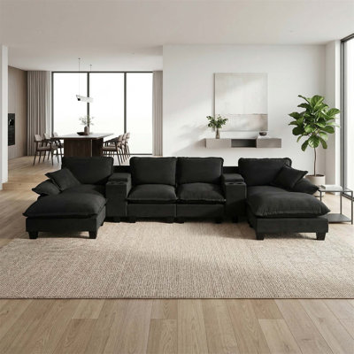 Modular Cloud Couch U-Shape Sailboat Sofa With Storage Consoles, USB Ports, Ottomans, Pillows, And Chenille Upholstery For Living Room Or Apartment Use.