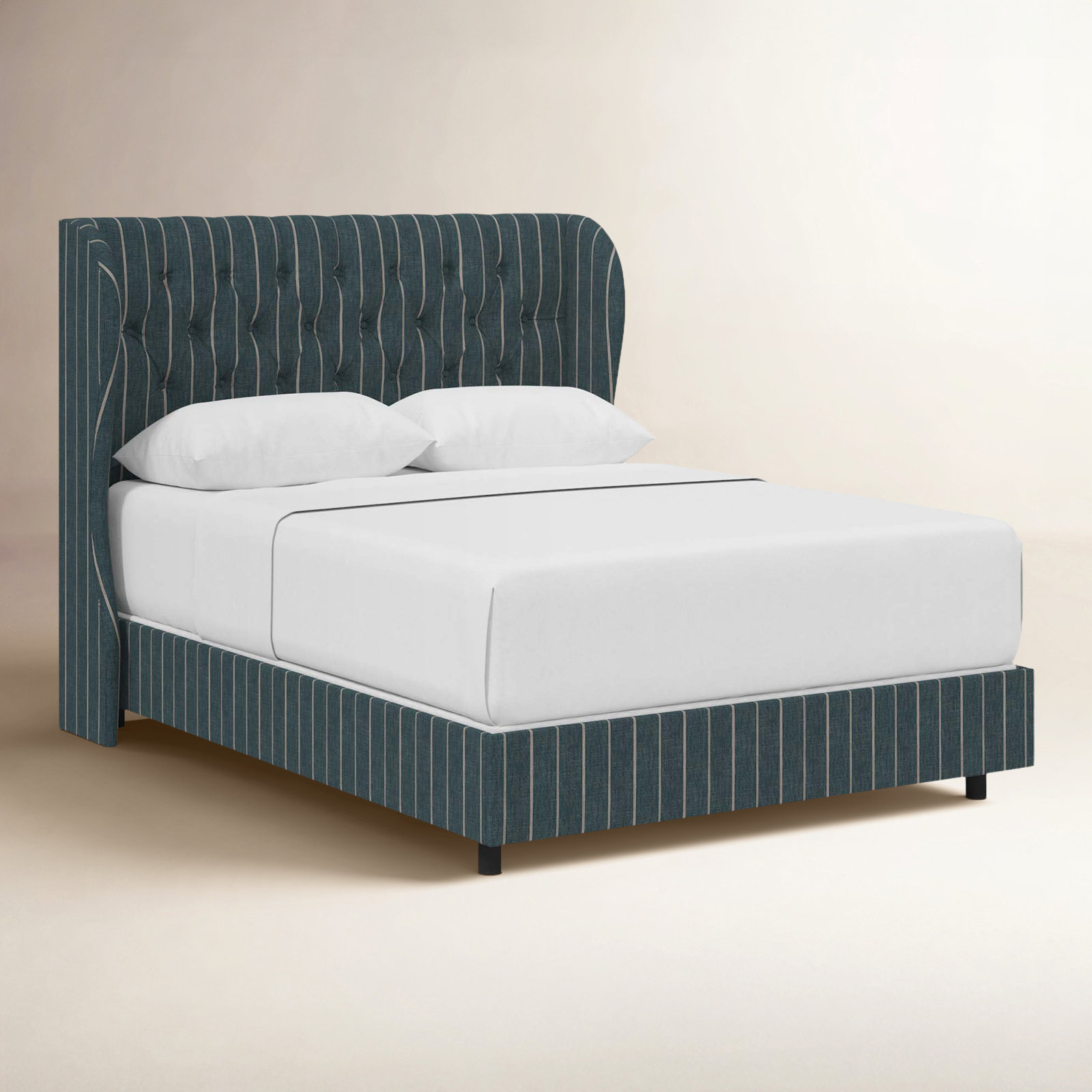 Tomey Cotton Upholstered Wingback Bed, Full, Fritz Indigo Stripe