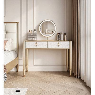 Light Luxury Style Cherry Wood Bedroom Vanity Table with Shell Inlaid Countertop