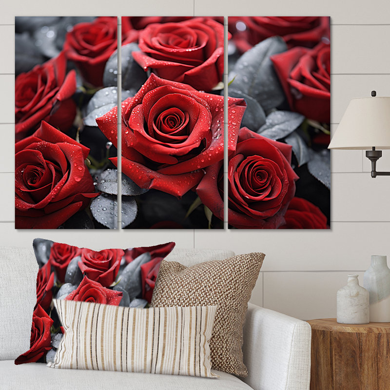 «Red Gray Rose Eernal Beauty» sur toile, reproduction de 3 pièces, H 40 po x l 60 po x P 1 po