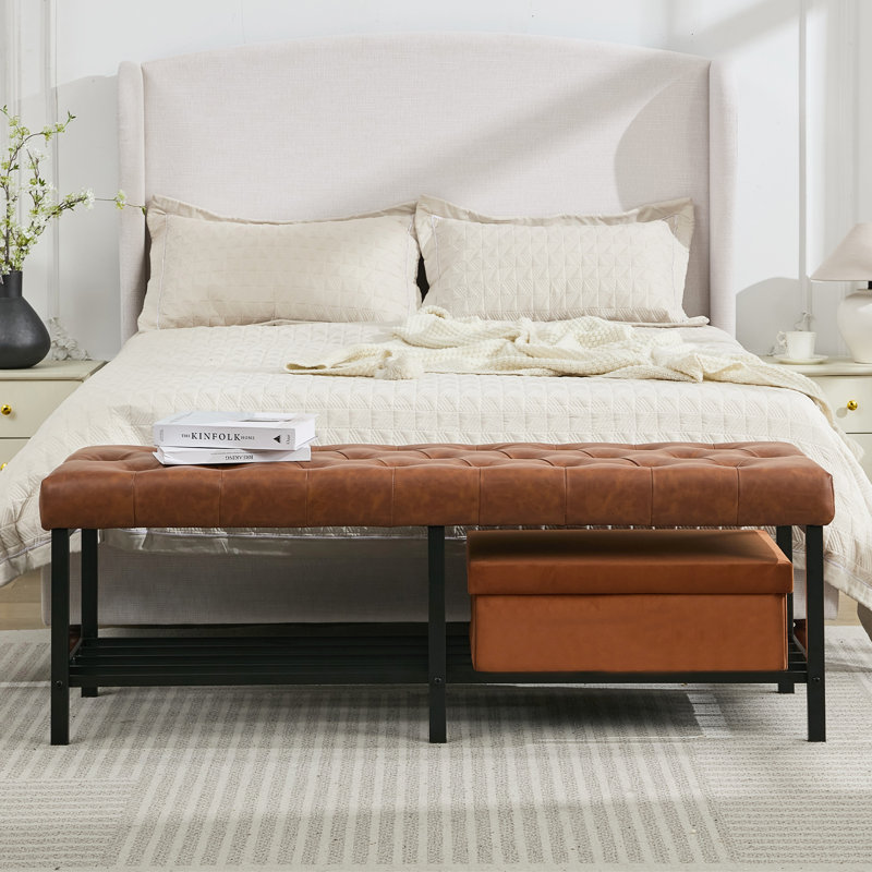 Banc rembourré en mélange de polyester de 55,5 po de largeur avec boîte de rangement Eleonore, Brun caramel