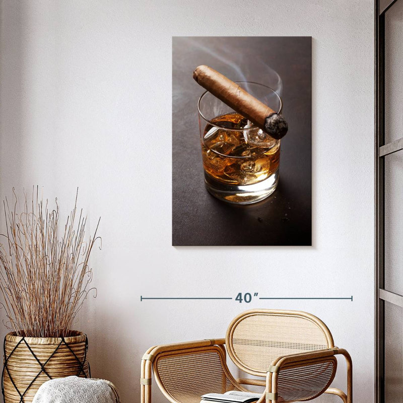 Cigar On Whiskey Glass Canvas Print, 26" H x 39" W x 1.25" D
