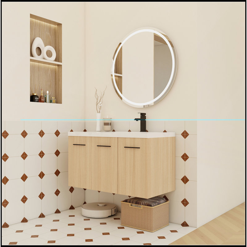 Meuble-lavabo flottant mural de 36 pouces avec lavabo en gel, finition chêne clair et rangement modulaire à 3 portes, Right