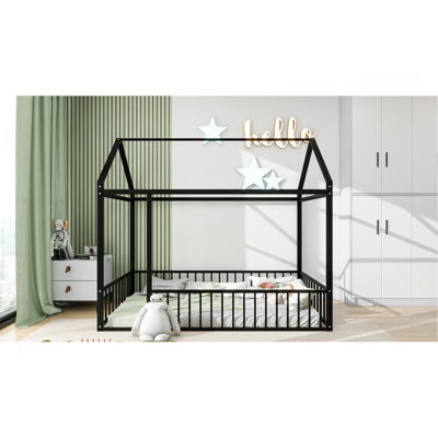 Structure de lit simple en métal avec clôture, pour enfants, adolescents, filles, garçons, noir