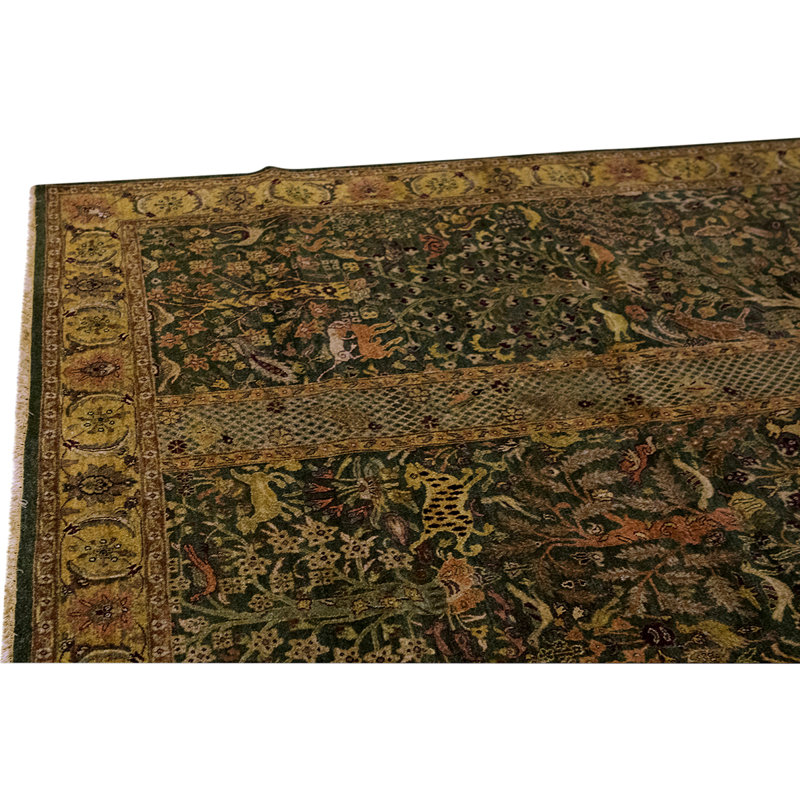 Tapis vert foncé / brun foncé en laine noué à la main de conception unique 11 pi 2 po x 13 pi 5 po
