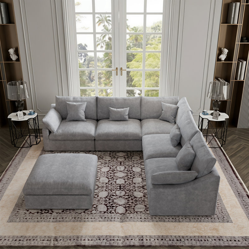Canapé modulaire avec repose-pieds 6 pièces Elowen, Mélange de lin gris clair