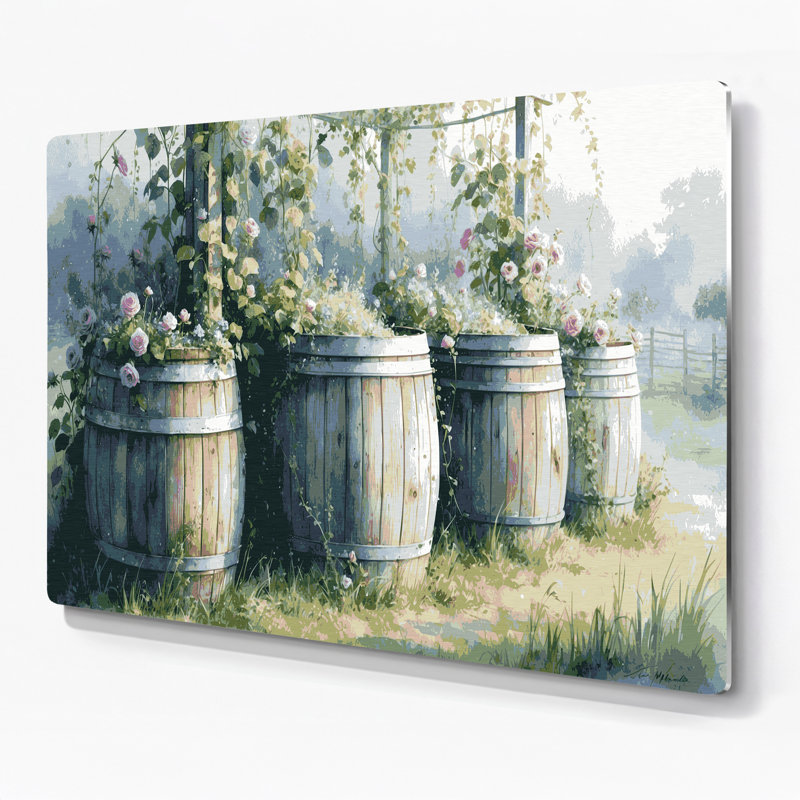 «Farm Rain Barrel», art mural en métal gris, H 11 po x l 14 po
