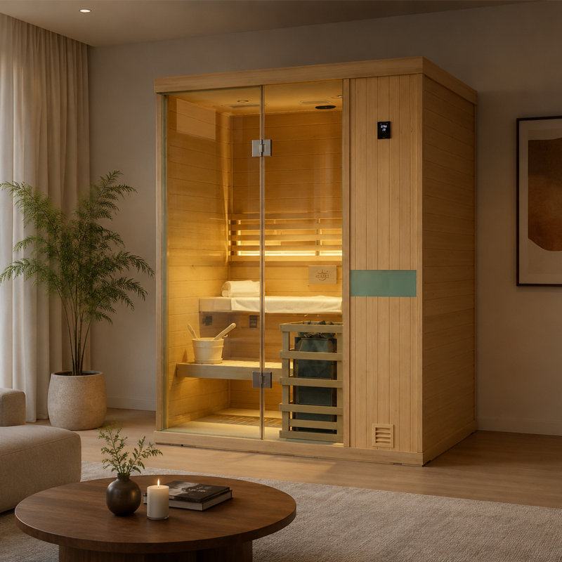 Samsora 4-Person Indoor Steam Sauna 3800W, African Wood, Red Light Therapy, 95℉-230℉, Built-In Bluetooth Speaker, Includes Sauna Heater and Sauna Stone, Negative Ion Air Purification