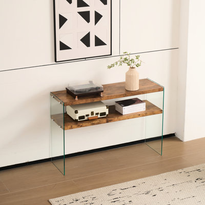 Walnut Tempered Glass Entry Table, Big Side Table Console For Dining Room, , Can Be Game Couch Desk, Waterproof, And Smooth Surface Home, Outdoor, Ideal Snacks Coffee, Easy To Wipe Clean
