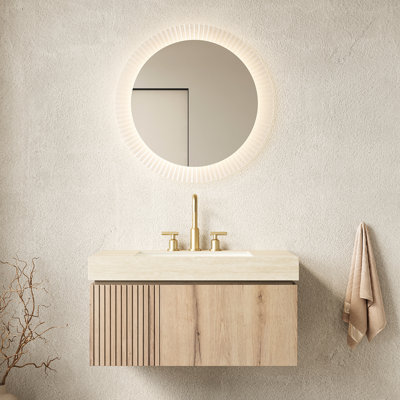 Floating 36" Bathroom Vanity With Sintered Stone Top And Ceramic Basin, Plywood Storage, Drawer Door, 3 Pre - Drilled Faucet Holes, Assembled, Water , Beige White Oak, Soft Close Sink, Top, Basin