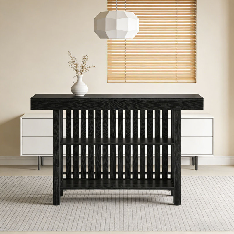Modern Home Bar Unit Bar Table with 2-Tier Shelves and Footrest, Black
