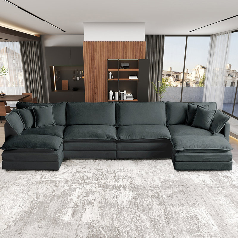 Canapé modulaire 146,5 po en forme de U avec repose-pieds mobile, Chenille noir