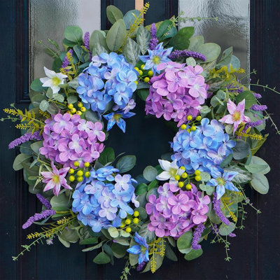 Couronne de printemps avec hortensia bleu et mauve - décor floral inspiré de Monet