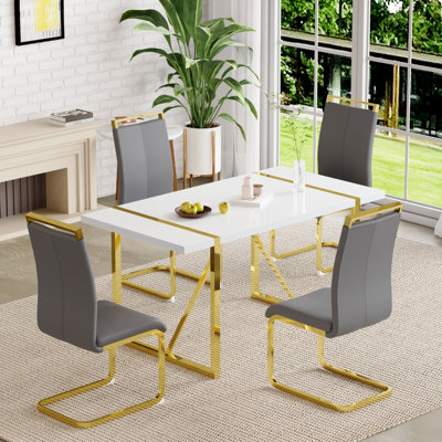 4 - Person Dining Set, Modern Rectangular Dining Table Set with 4 Luxury Faux Leather Dining Chairs