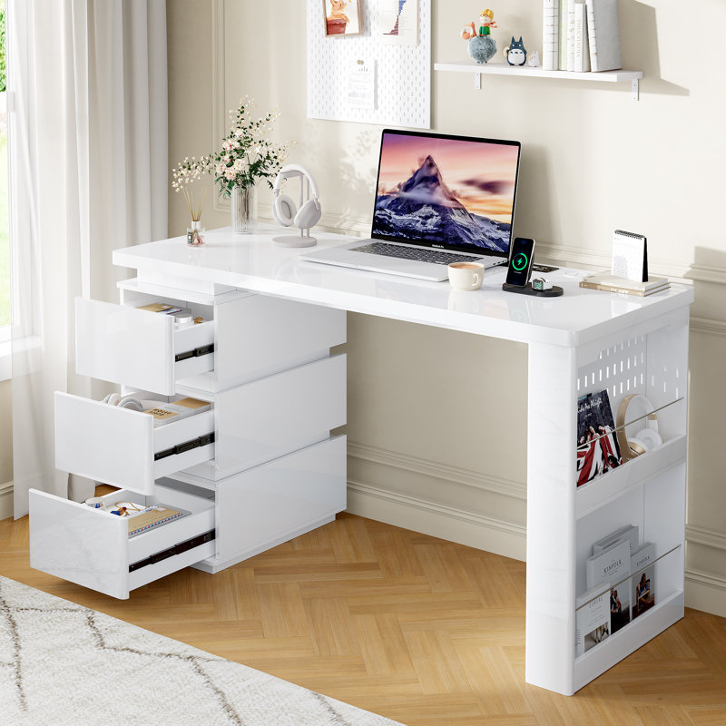 Computer Desk With Rgb Sensor Led Light, Drawer And Power Socket, White